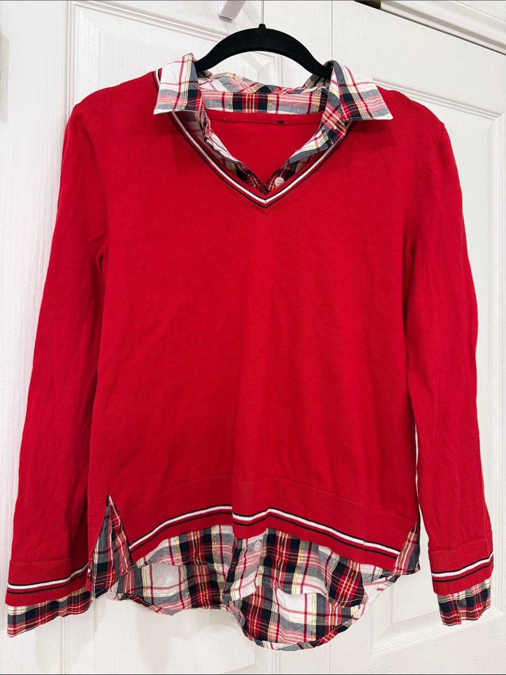 Tommy Hilfiger Red V-Neck Layered Sweater with Plaid Shirt Collar size XS/S